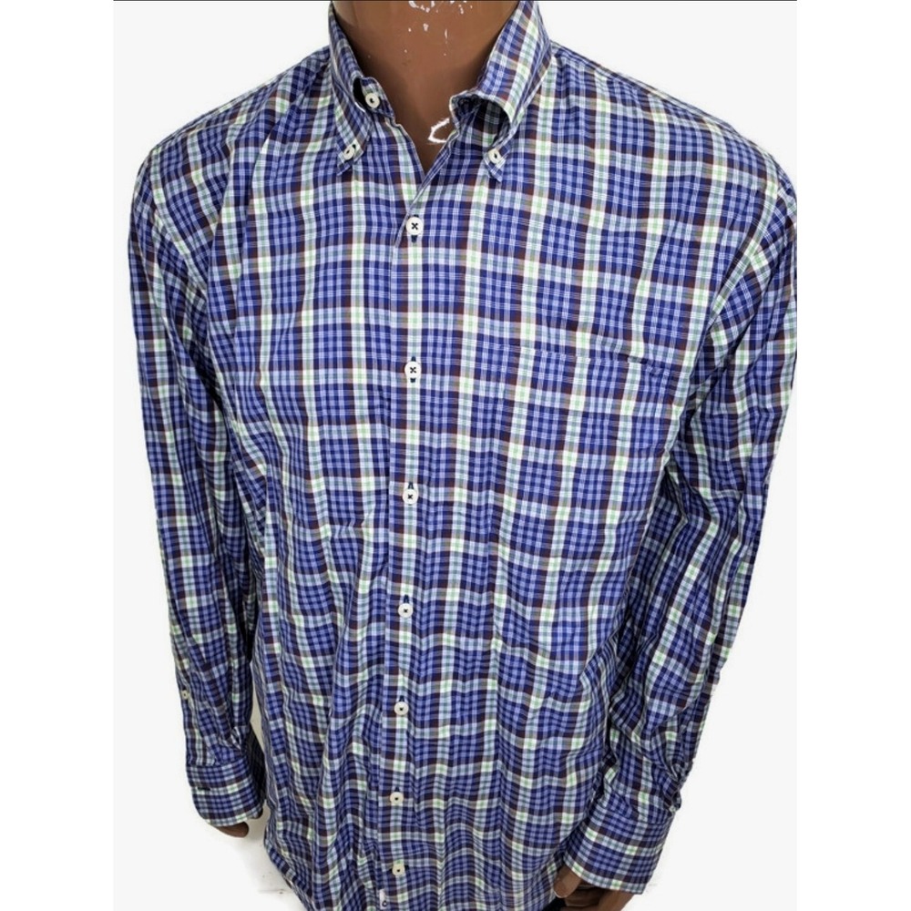 Peter Millar Mens Large Blue Green Plaid Cotton Button Down Shirt Long Sleeve